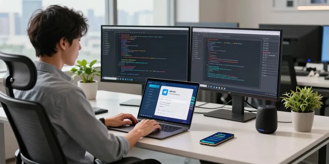 Professional workspace showing Telegram Chinese interface on laptop, enhancing communication.