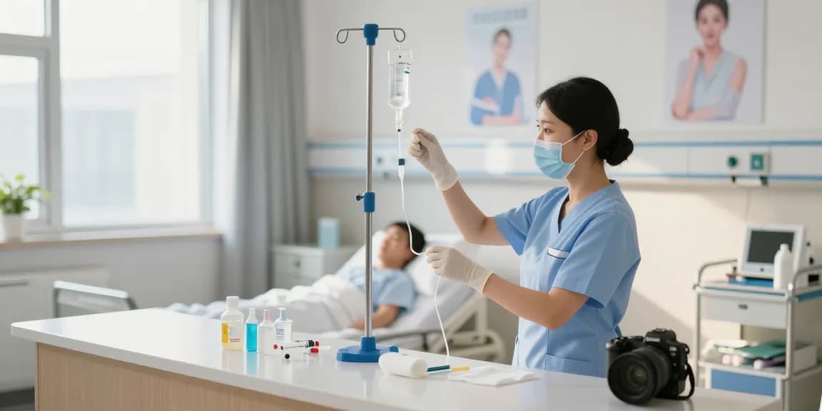 Organized healthcare workspace with nurse preparing IV equipment for patient care