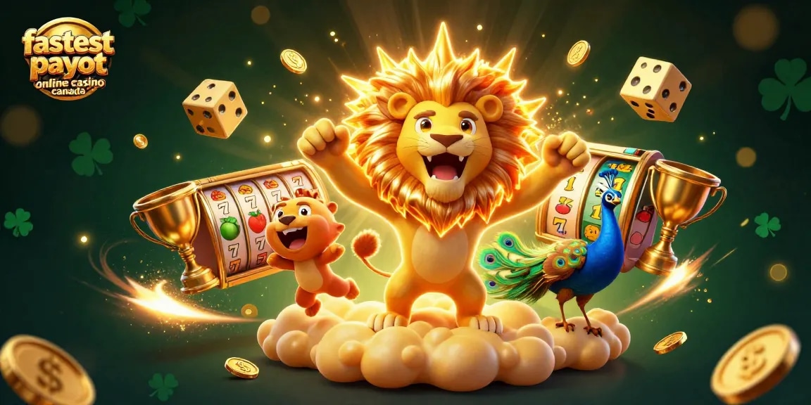 Experience the fastest payout online casino Canada with a triumphant sun lion surrounded by slot reels and golden dice.