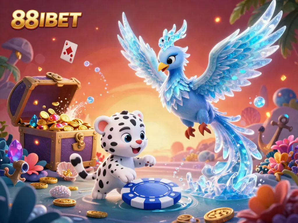 Experience the vibrant magic of 88IBET with a playful ice phoenix and snow leopard in this casino-inspired scene.