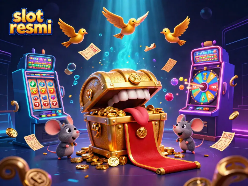 Experience the excitement of slot resmi with vibrant reels and animated treasure in a dynamic casino scene.