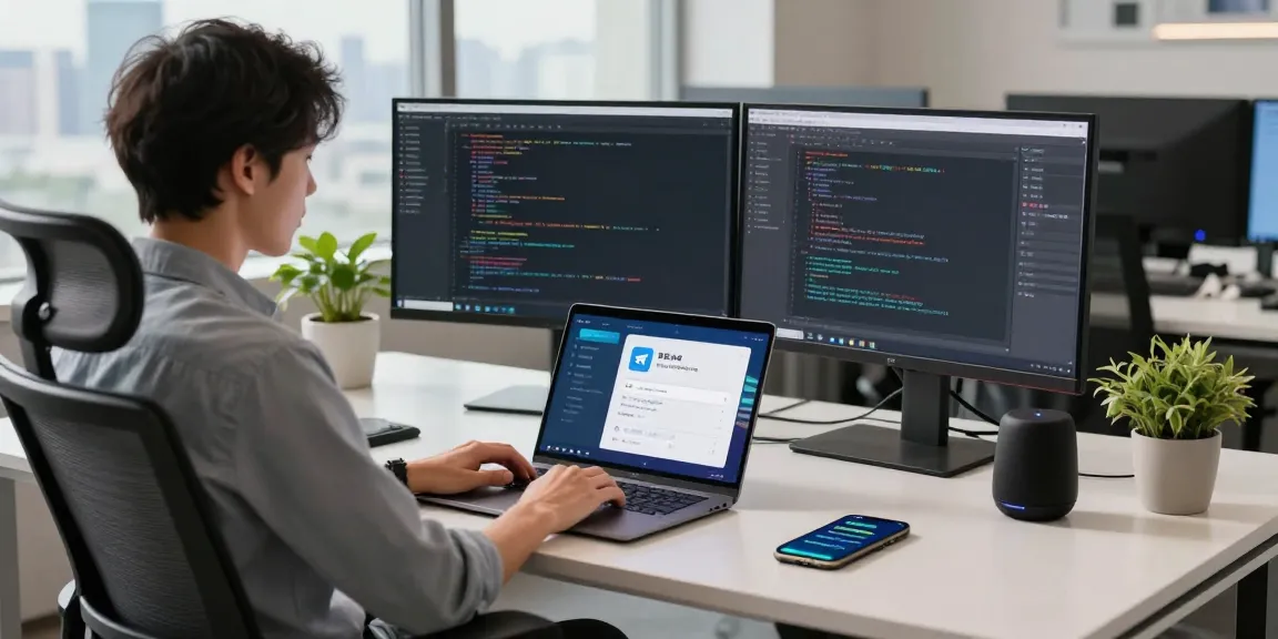 Professional workspace showing Telegram Chinese interface on laptop, enhancing communication.