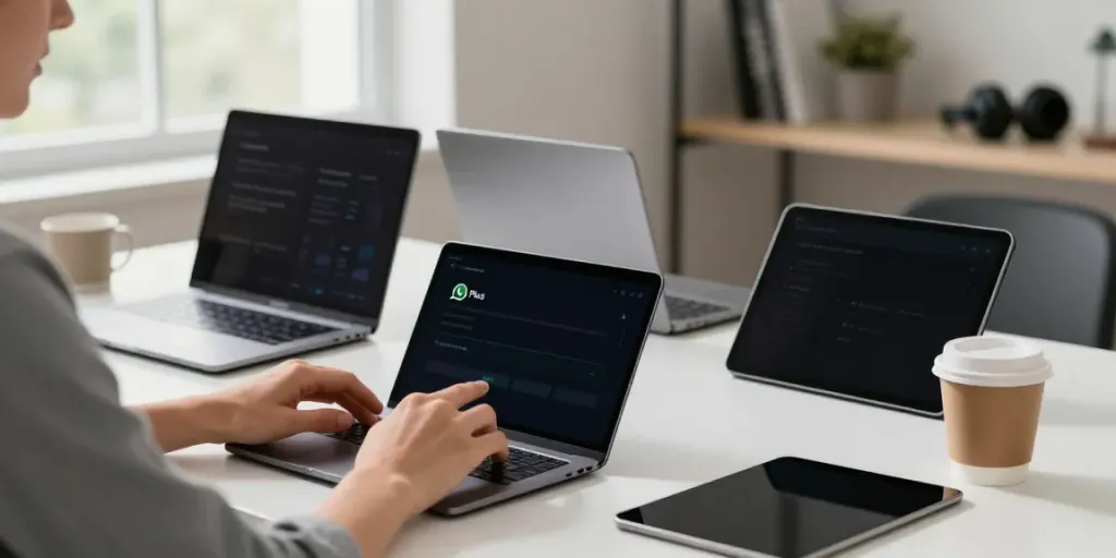 Explore WhatsApp Plus features on a smartphone in a modern workspace.