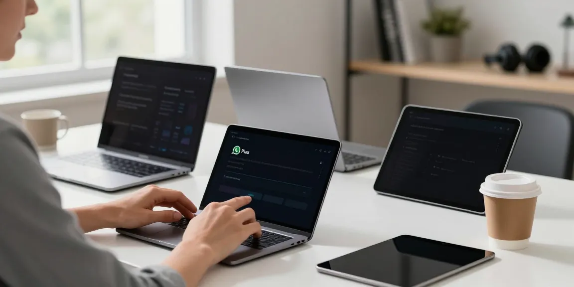 Explore WhatsApp Plus features on a smartphone in a modern workspace.