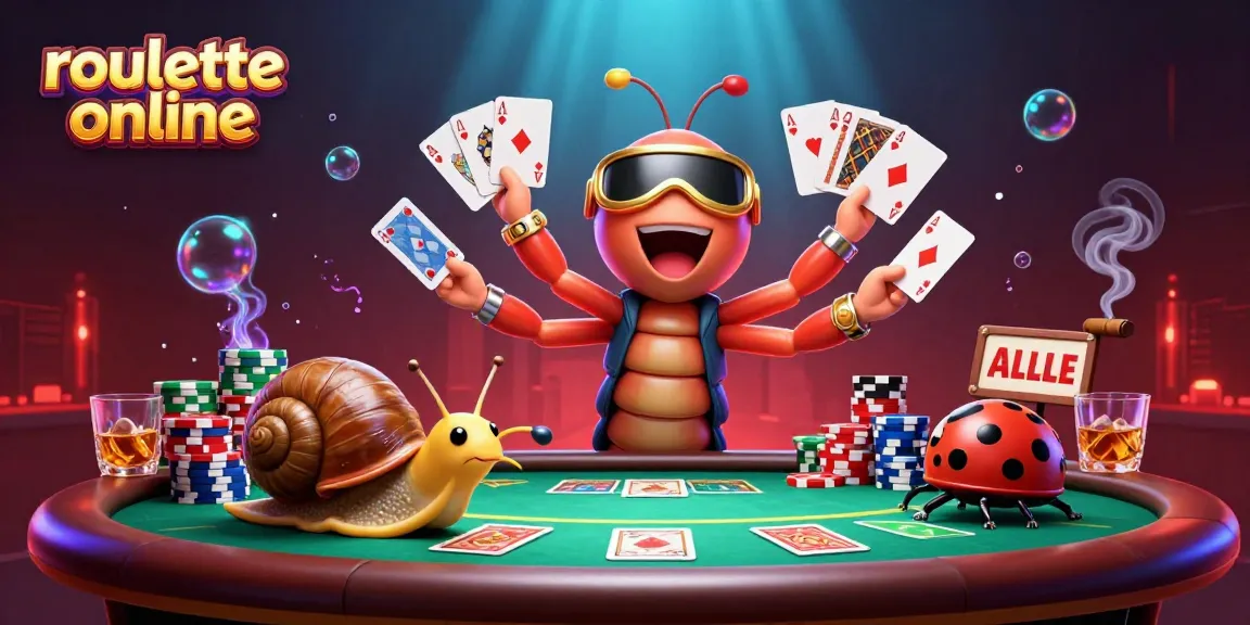 Play exciting roullete online with a detailed scene featuring a millipede dealer and high-roller snail.