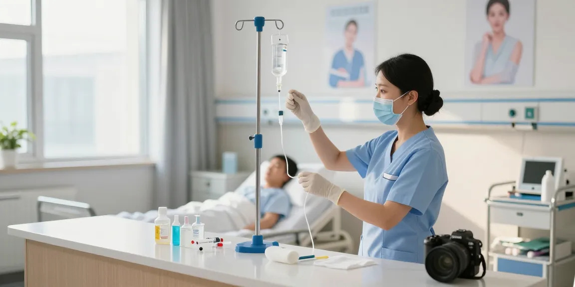 Organized healthcare workspace with nurse preparing IV equipment for patient care