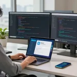 Professional workspace showing Telegram Chinese interface on laptop, enhancing communication.