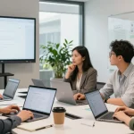 Team collaborating around table in a modern office, showcasing the WPS Official Website
