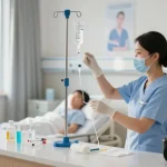 Organized healthcare workspace with nurse preparing IV equipment for patient care