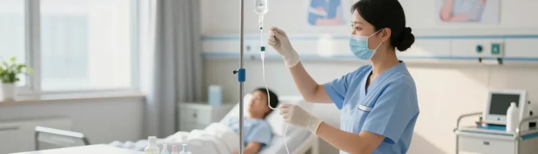 Organized healthcare workspace with nurse preparing IV equipment for patient care