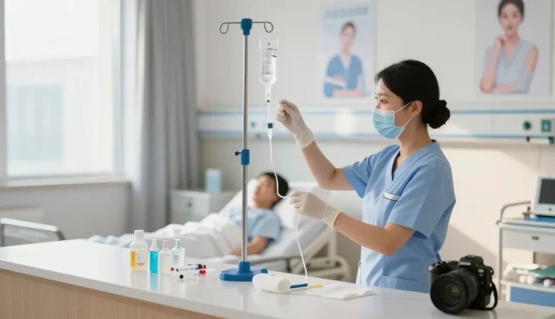 Organized healthcare workspace with nurse preparing IV equipment for patient care